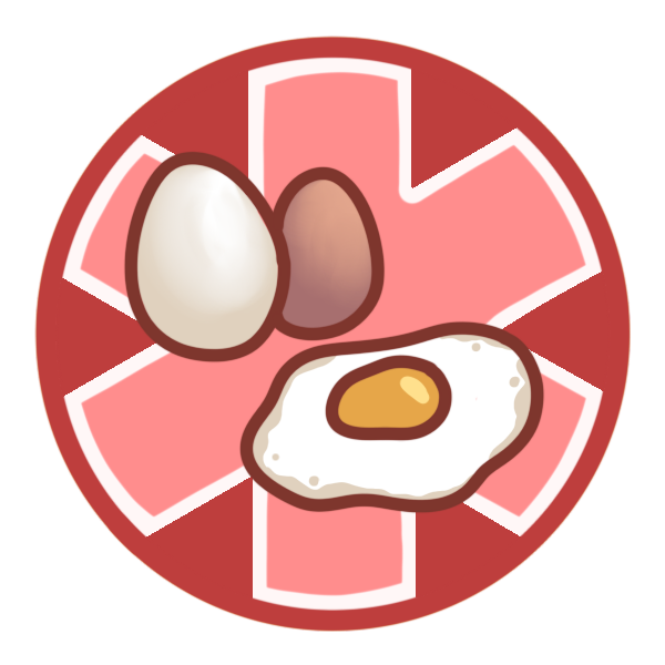 a red circle with a large medical alert asterisk inside it, and two eggs, one smaller and brown, and a fried egg, pictured in the center.